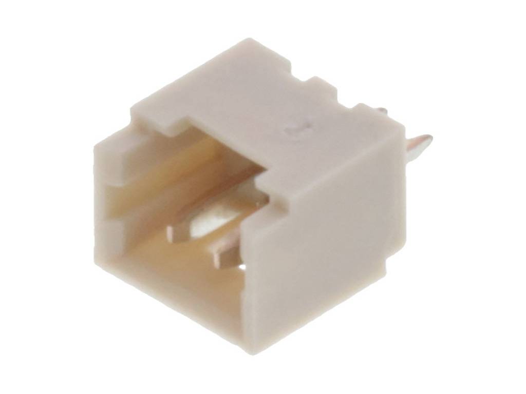 A small, square plug with two metal pins on one side. The plug is beige and shows the inner side with the contacts.