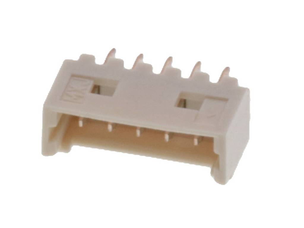 A white plastic connector with multiple connection pins, pictured on a white background surface.