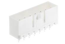 A white, rectangular plug connector with multiple pins at the bottom. Suitable for connecting electrical components on a circuit board.