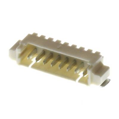 A white electrical connector with multiple metal contacts, suitable for small electronic devices.