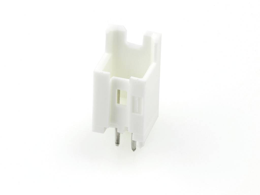 A white plastic connector with two metal pins, against a plain background.