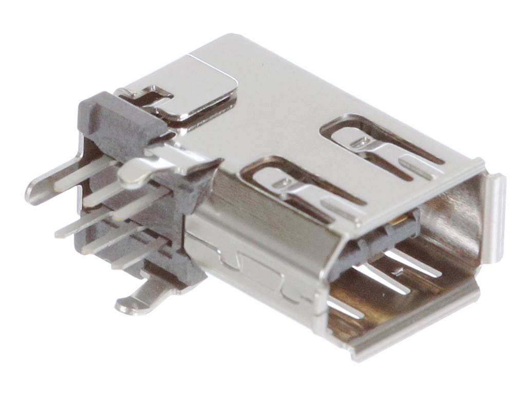 USB socket, metallic, rectangular. Connector access from the right. Essential for connecting USB cables to electronic devices.