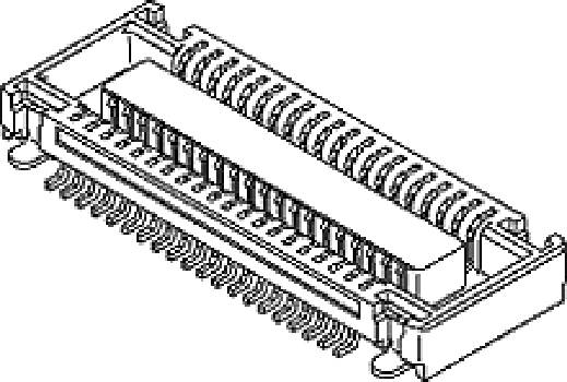 Black and white drawing of a connector, showing contacts and frame. Technical detail of an electronic device.