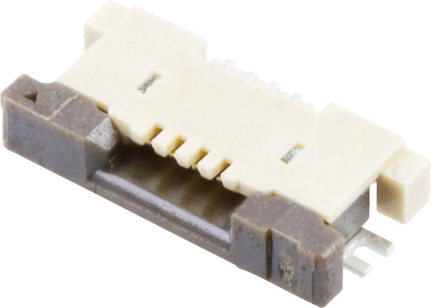 A small white and brown electrical connector with multiple pins, used for connecting electronic components.