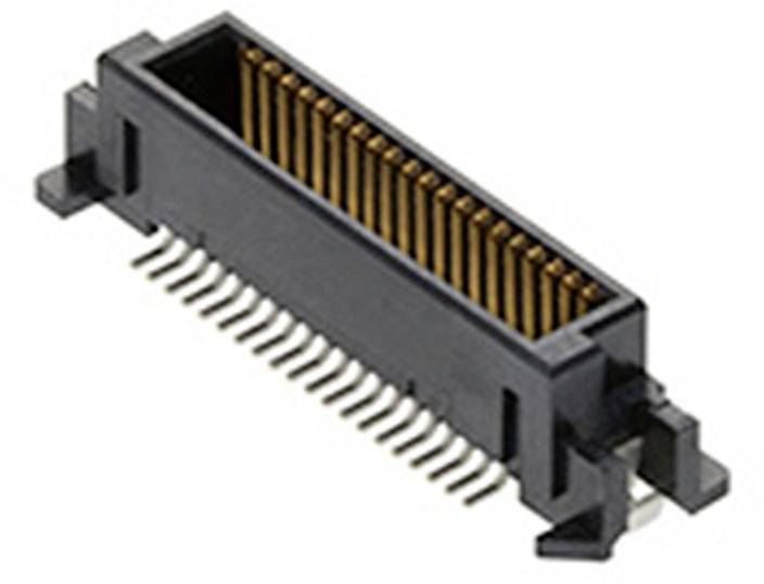A black electrical connector with golden contacts and multiple connection pins, shown from the side.