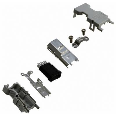 An exploded view of a metallic connector assembly, showing individual components like housings, screws, and terminals arranged separately.