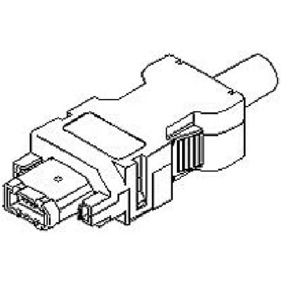 Drawing of a rectangular connector with side contacts and a cylindrical end. It is used for electrical connection.