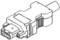 Drawing of a rectangular connector with side contacts and a cylindrical end. It is used for electrical connection.