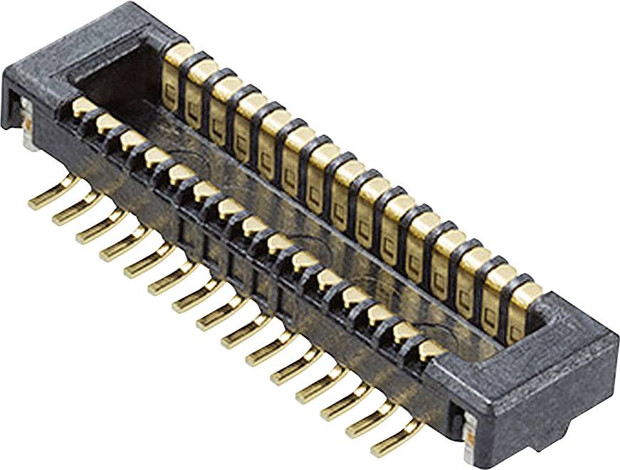 Black, rectangular connector with gold-coloured contacts. Used in electronics for connecting printed circuit boards.