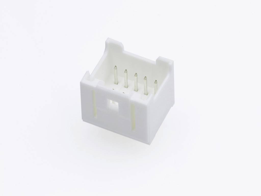 A white plastic plug with multiple metal pins, on a white background.