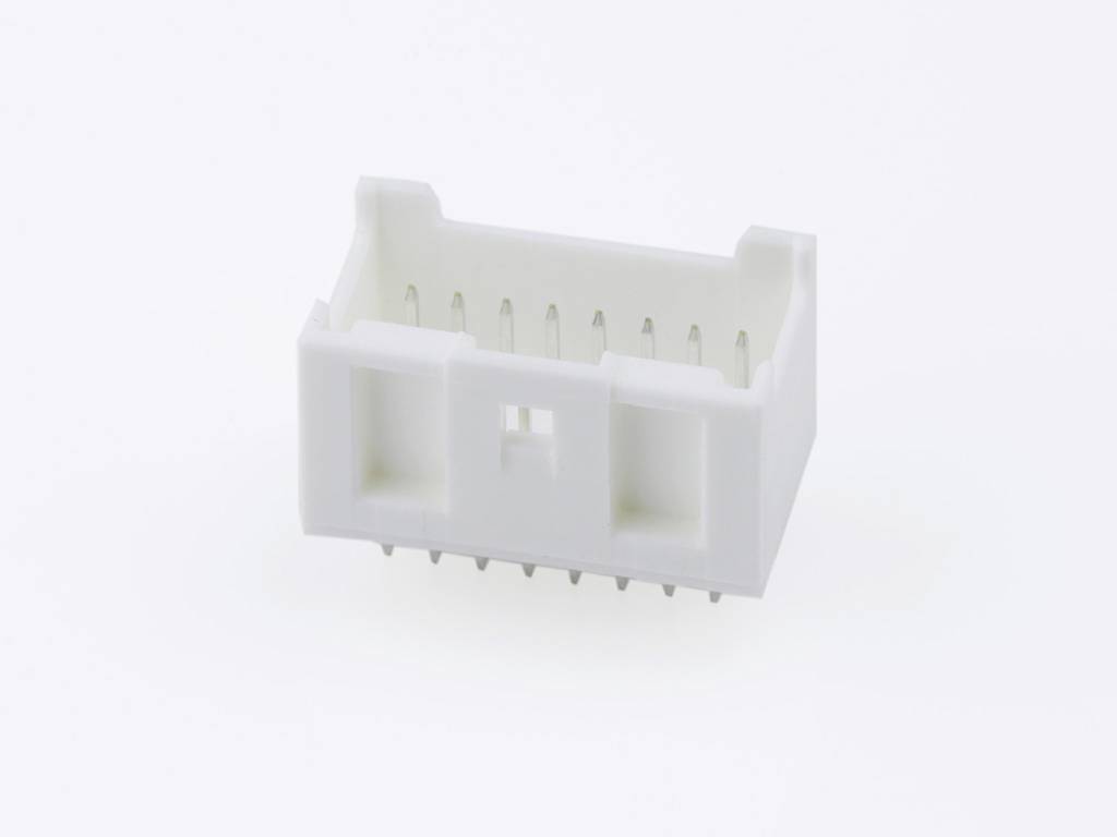 A white electrical plug connector with multiple pins, viewed from underneath.