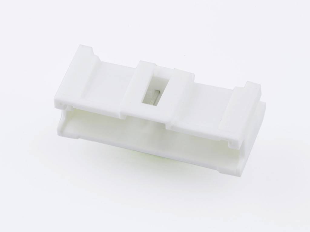 White, rectangular plastic component with vertical notches and a central rectangular cutout, against a white background.