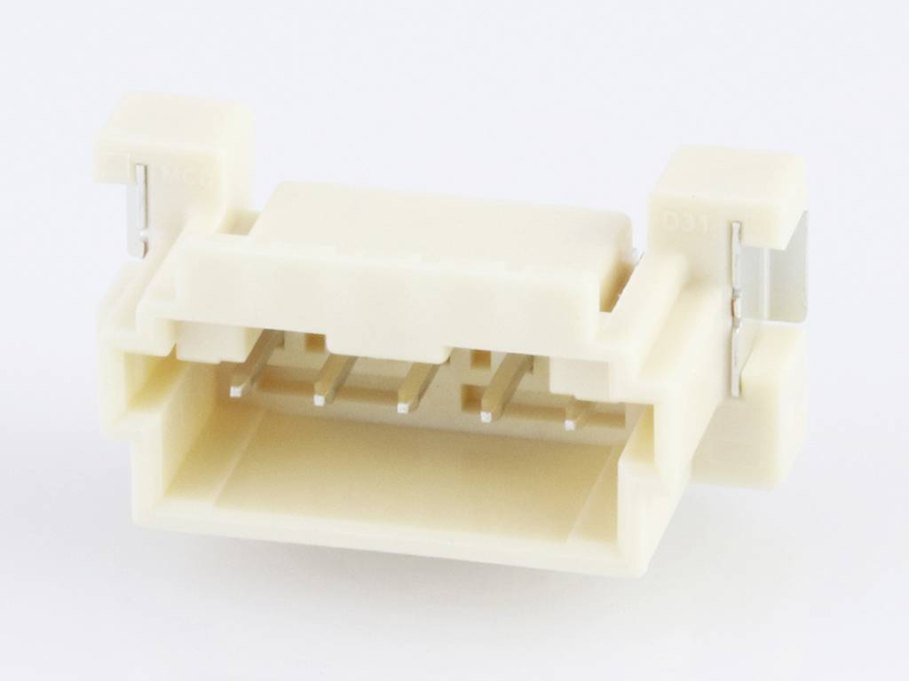 A white plastic plug with six metal contacts, suitable for electronic devices, on a white background.