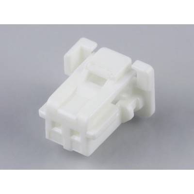 A white plastic component with two square openings and lateral protrusions against a grey background.