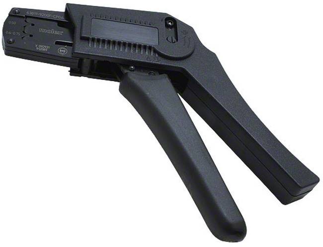 Crimping tool with black handles, used for terminating electrical connectors on cables.