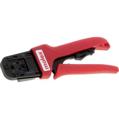 Red Molex crimping tool with black jaws and red handles, shown on a white background.