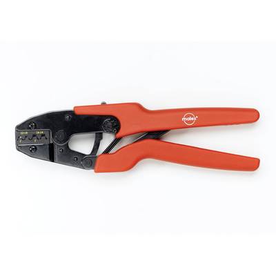 Red crimping pliers with a black metal head, suitable for crimping cable connections. 'Molex' brand name on the handle.