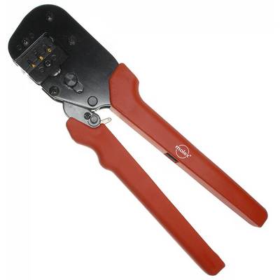 Red-handled crimping tool angled to the right, showing metallic jaws with multiple crimp sizes, used for securing connectors.