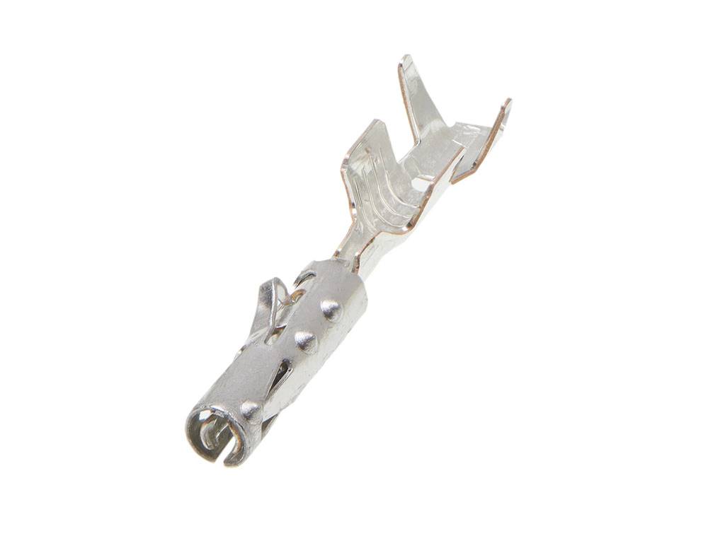 Metallic crimped terminal, silver, with serrated teeth and cable sleeve, for securing electrical conductors.