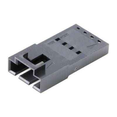 Black plastic plug, rectangular, three-pin, with markings and notches for electrical wiring, top view.