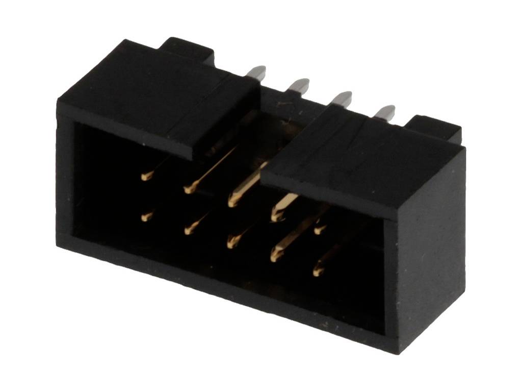 A black, rectangular electrical plug with multiple metallic pins, used for connecting electronic components.