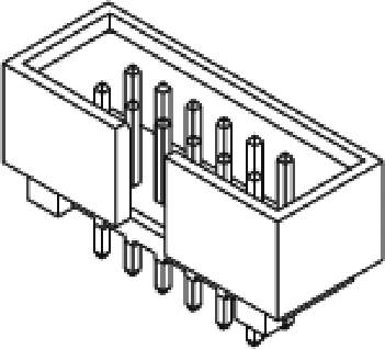 A rectangular electrical connector with multiple metal pins protruding in two rows from the underside.