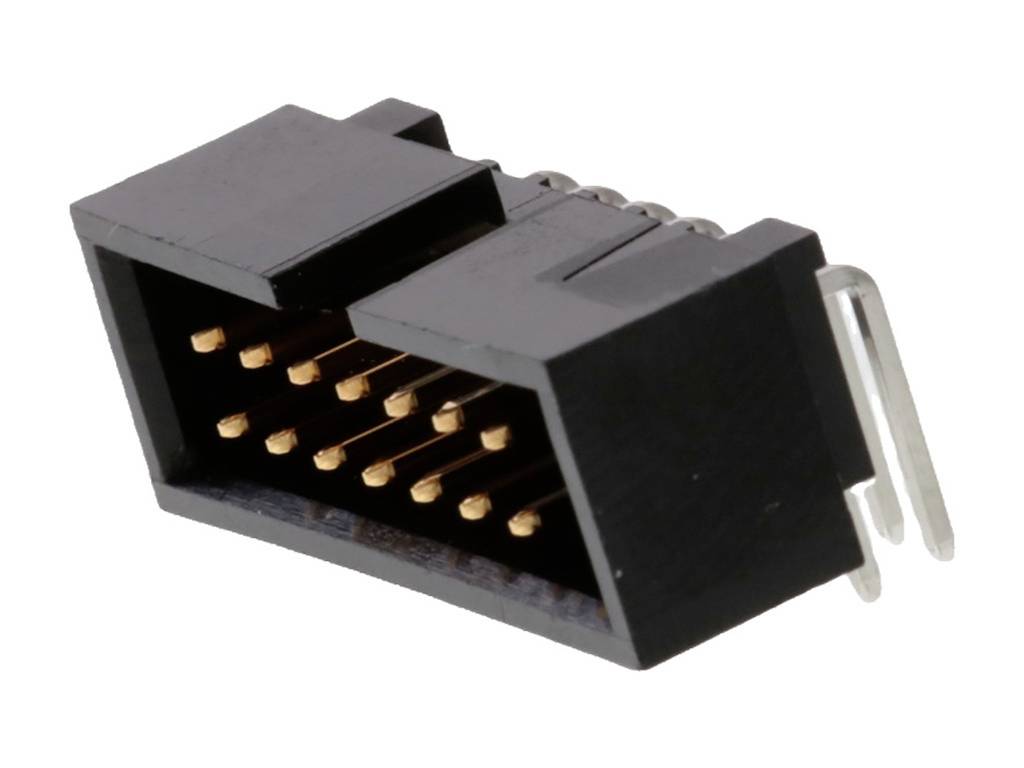 A black electrical connector with multiple golden contacts, photographed from the side.