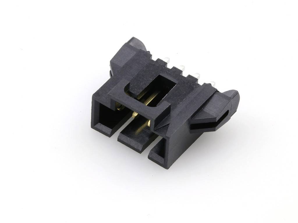 A black electrical connector with multiple gold-plated contacts, used for connecting cables or devices.