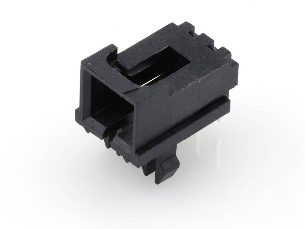 Black plastic connector with a rectangular opening and multiple contact pins on its underside, against a white background.
