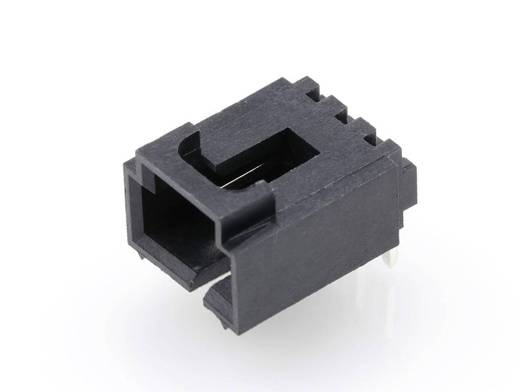 A black plastic plug with a rectangular opening and metallic connecting pins, suitable for electronic circuits.