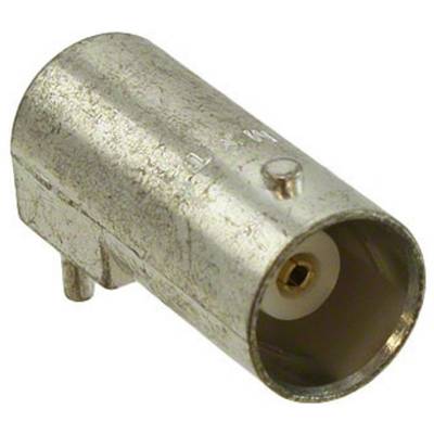 'A coaxial cable connector with a metal casing, featuring a central pin and outer ring for TV or internet signals.'