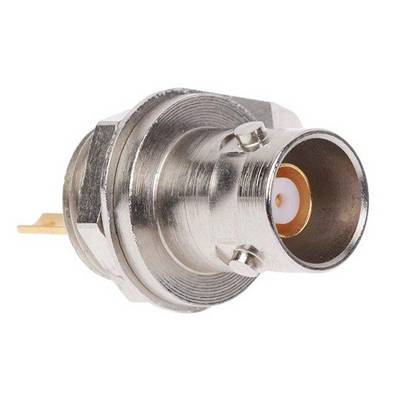 Metallic cylindrical connector, with a central pin and external screw connections, potentially for coaxial cables.