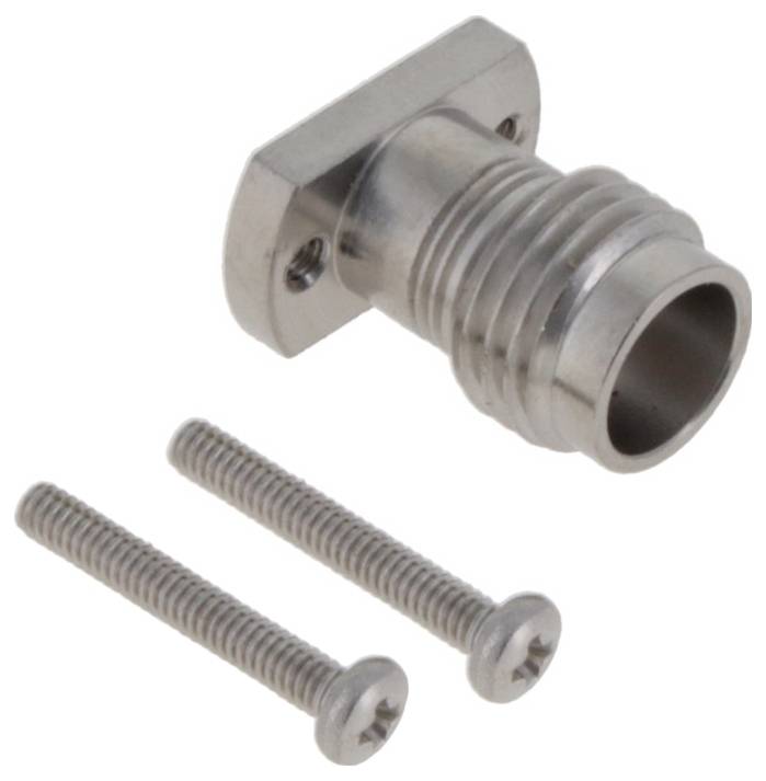 Metal wall plate with coaxial cable connector and two screws, used for securely connecting coaxial cables to walls.