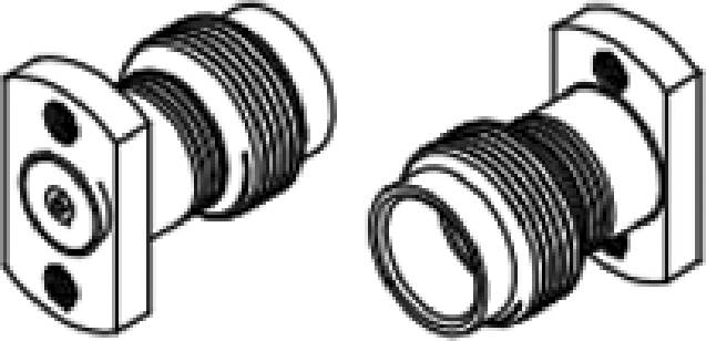 Two coaxial connectors in schematic representation, front and rear views, embodied through detailed line drawings.