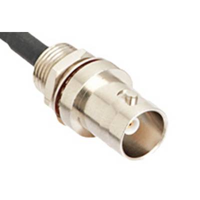 A silver coaxial plug on a black cable, suitable for transmitting high-frequency signals in electronic devices.