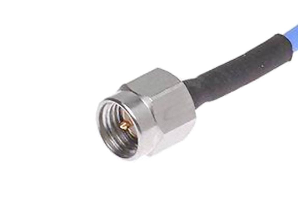 A coaxial cable with a silver plug and blue sheathing, used for connecting aerials or cable modems.