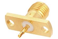Connector with gold-plated coating, rectangular flange and round central pin. Commonly used in RF applications.