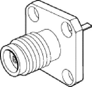 Technical drawing of a square flange with central threading and four mounting holes, two thin contact pins on the side.