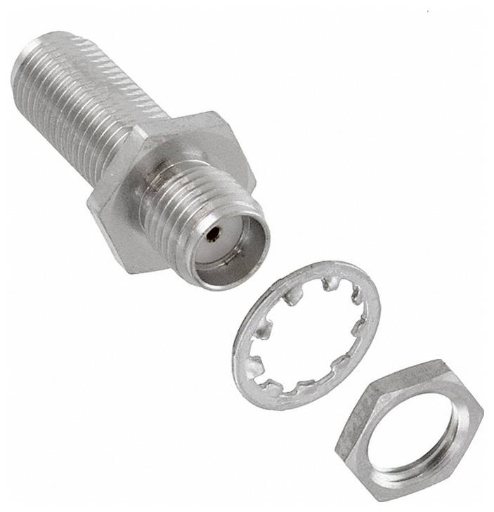 A metal coaxial connector with a threaded body, shown with a lock washer and hex nut, used for secure cable connections.