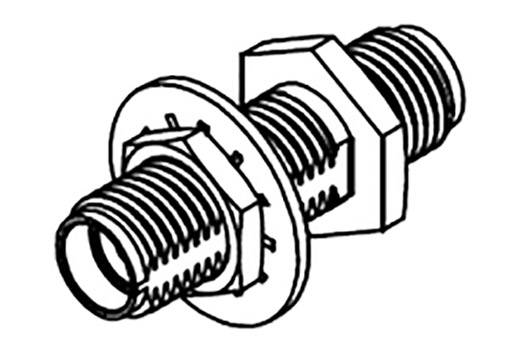 Black and white technical drawing of a cylindrical connector piece with threads at both ends and a hexagonal nut in the middle.