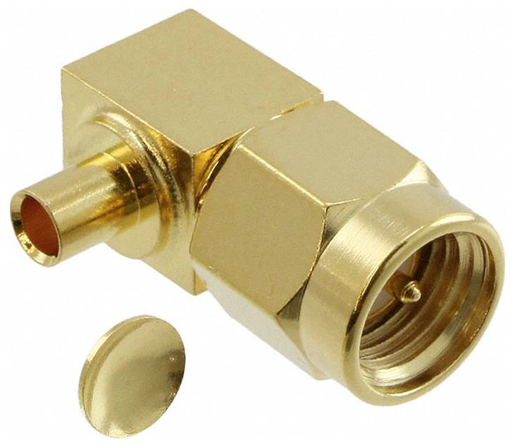 A gold-plated right-angle coaxial connector next to a separate circular metal cap on a white background.