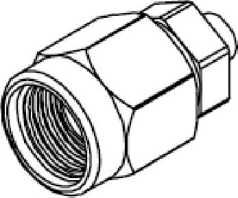 Technical drawing of a coupling nut with internal threading, shown in perspective. Designed for pipe or hose connections.