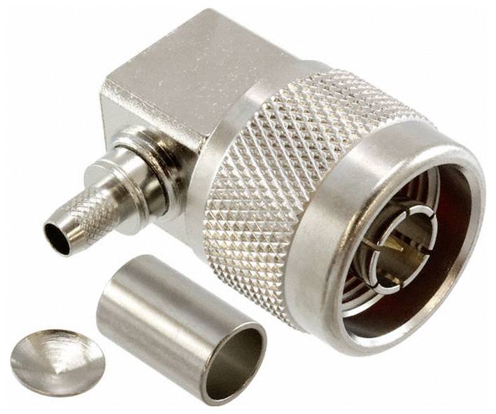 'A right angle RF connector with textured metal grip and separate components on a white background.'
