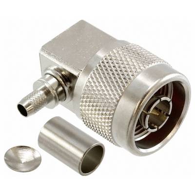 'A right angle RF connector with textured metal grip and separate components on a white background.'