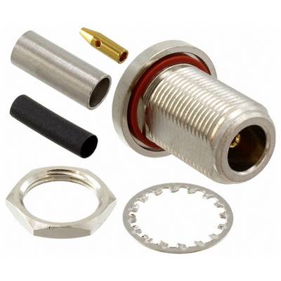 A metal coaxial connector with threaded components, rubber insulators, and a nut. Components are disassembled and displayed.