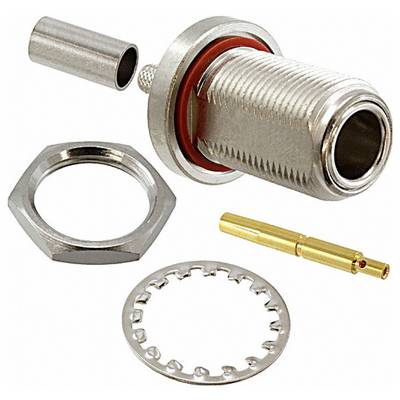 A metallic coaxial connector assembly showing a cylindrical body, hex nut, locking washer, and a gold-plated contact pin.