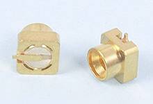 'Two golden coaxial SMA RF connectors on a neutral background, with a front view on the left and a side view on the right.'