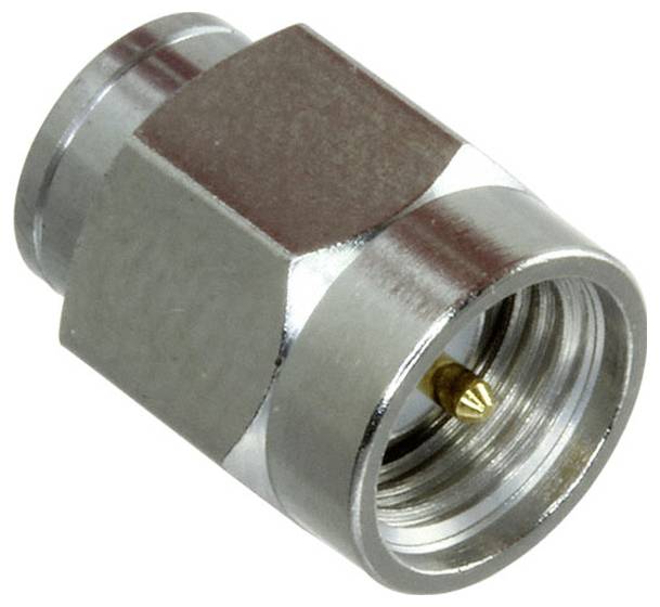 A close-up of a coaxial cable connector with a metallic hexagonal body and a visible inner pin.