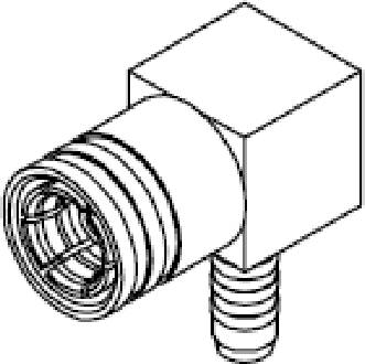 Black and white technical drawing of an angle fitting with a ribbed end and a square central section.