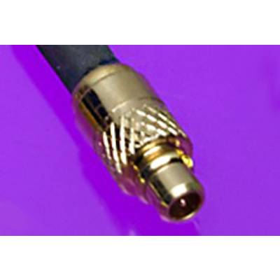 A golden coaxial plug on a black cable against a lilac background.